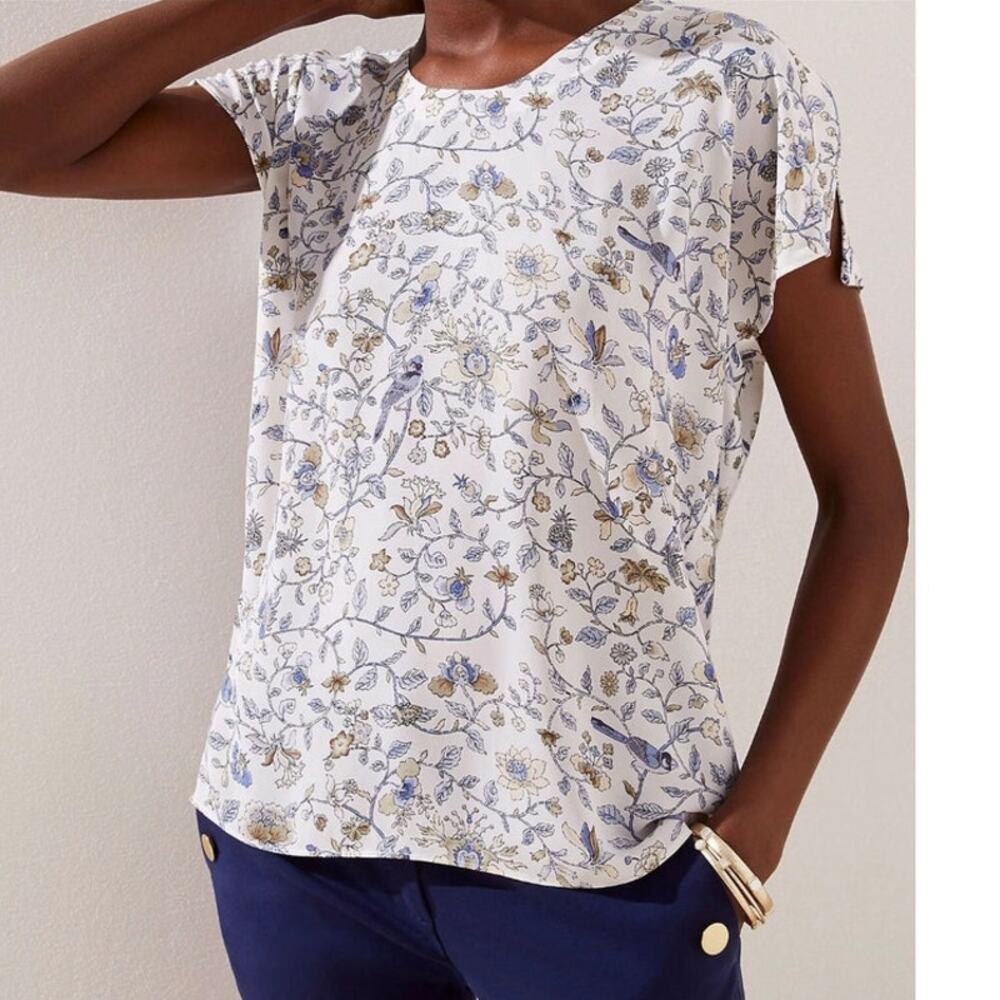 LOFT Flutter Slit Sleeve Top XS White Blue Floral Bird Print Cottagecore Boho
